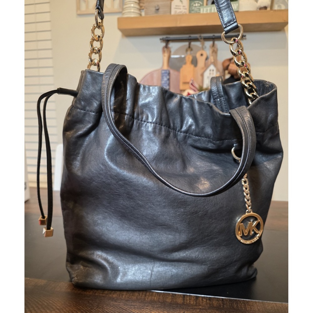 Michael Kors Black Leather Drawstring‎ Bucket Bag MK Gold Shoulder Bag Handbag